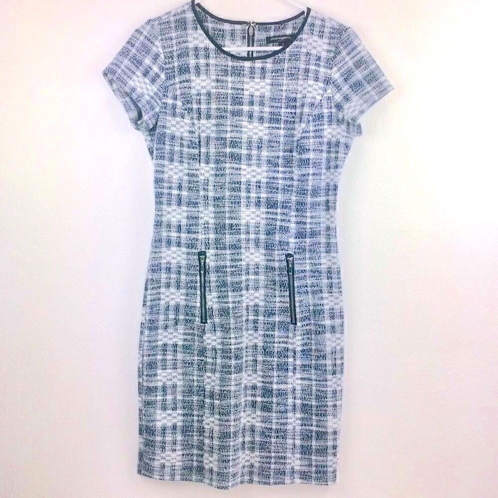 Sharagano Navy White Plaid Cap Sleeve Tweed Pencil Dress